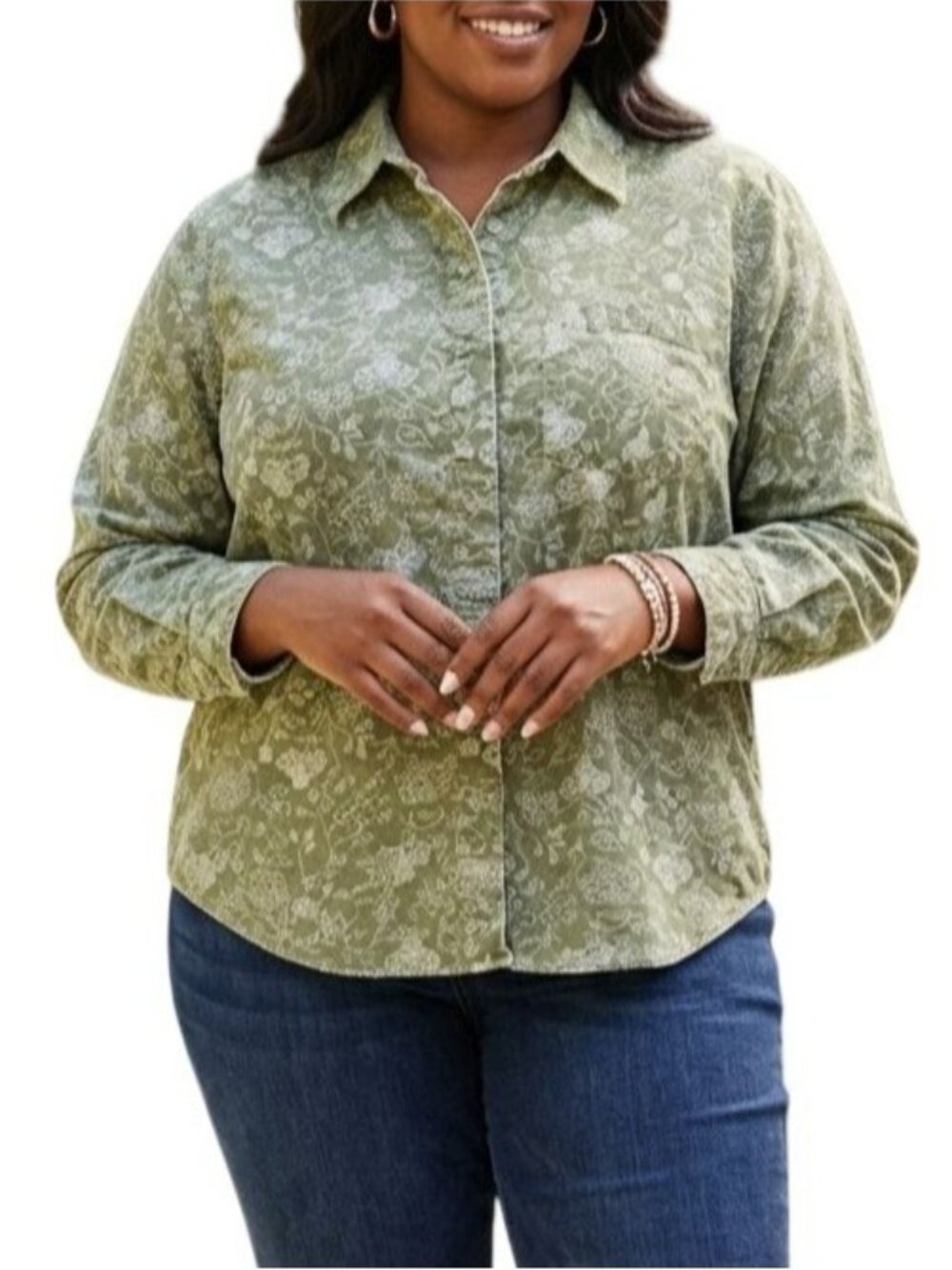 C.J. Banks Plus Size 1X Top Green Floral Corduroy Button-Up Long Sleeve Collared